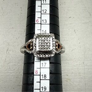 Sterling Silver Square Faux Pave Style Diamond Ring With Rose Gold Hearts